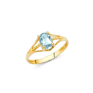 Kid 14k Yellow Real Gold Birthstone March Aquamarine Oval Girl Boy Ring Band - Picture 1 of 1
