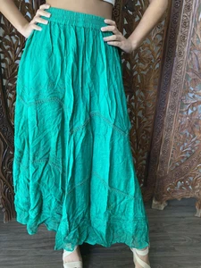 Boho Gypsy Hippy See Green Stonewash Long Skirt Peasant Holiday Skirts S/M 