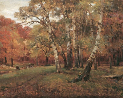 Paisaje de otoño vintage con abedules pintura impresión giclee en papel de bellas artes Foto 1 de 4