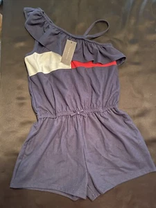 NWT Tommy Hilfiger Girls Flag Logo Ruffle Romper Dress L 12 14 Summer White Blue - Picture 1 of 4