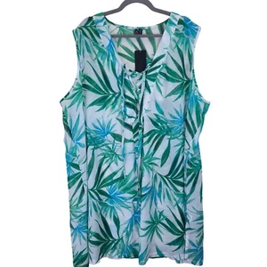 NWT Womens Lace Up Tank Dress Green White Size 3X Resortwear Pool Floral Beach - Picture 1 of 7