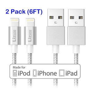 iPhone iPad Cable Lightning MFI Nylon Braided Charging Cord - 2 Pack 6 ft Sliver - Picture 1 of 5