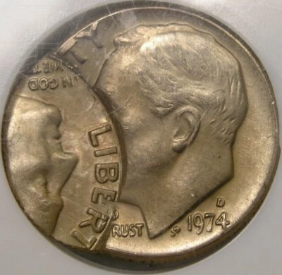 1974 D ROOSEVELT DIME VERY RARE BEAUTIFUL DRAMATIC INVERTED DOUBLE STRIKE CHOICE - Image 1 of 2