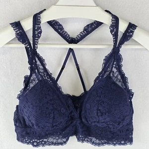 Aerie Sz M Eyelash Lace Padded Bralette Fa La Bra Double Strap Navy Racerback - Picture 1 of 14