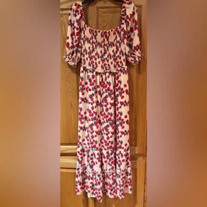 Betsey Johnson Strawberry Fields gesmoktes Challis Puffärmel Milkmaid Maxikleid - Bild 1 von 13
