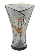 Bohemian Smokey Gray Hand Painted Enameled Bird & Floral Cut Art Glass Vase
