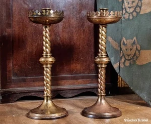 Pair Of Antique Gothic Revival Pugin Style Candle Stick Holders Victorian Brass - Picture 1 of 8