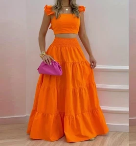 Womens Summer 2 Pieces Outfit Top Orange Long Skirt Set Small S - Picture 1 of 1