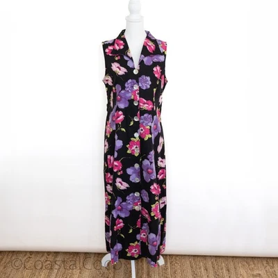 Vintage 90s Linen Blend Black Button Shirt Dress 14 Lattice Back Cottage Prairie - Image 1 of 4