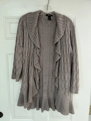 Style & Co Long Sleeve Cotton Open Front Cardigan Loose Knit Ruffle Beige Size L - Image 1 of 4
