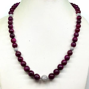 20" Natural Ruby Round Bead Necklace with CZ Disco Ball & 925 Silver Clasp - Picture 1 of 13