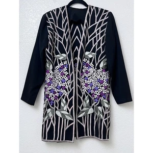 Floral Embroidered Duster Jacket Open Front Lightweight Black Size Medium - Picture 1 of 10