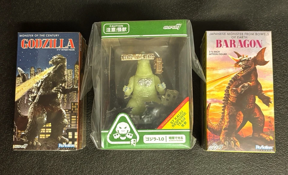 Super7 Godzilla Reaction Figure Lot. SDCC GITD & NYCC Godzilla & Baragon. MIB - Image 1 of 1