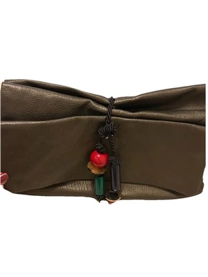 Leather Clutch Purse With Beaded Tassel In Gunmetal Greenish Gray - Image 1 of 4