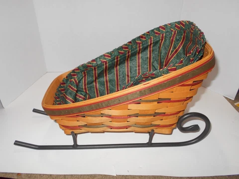 Longaberger 1994 Sleigh Basket Metal Stand Runner Imperial Stripe Fabric Liner Cover