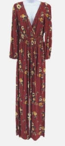XHILARATION Damen Gr. L Burgunder Blumen Y-Ausschnitt Jumpsuit Cottagecore Boho Strampler - Bild 1 von 14