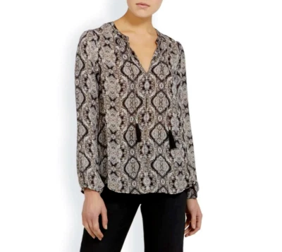 Joie Paisley Silk Blouse Womens Small Black V-Neck Long Sleeve Tassels Boho - Image 1 of 4