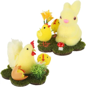 Easter Bunny & Chicken Table Decor, 2 Pcs Small Chicks and Rabbit Flocked Figuri - Picture 1 of 12