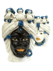 Coppia teste di moro h30 cm in ceramica di caltagirone sicilia decoro blu - Imagen 1 de 4