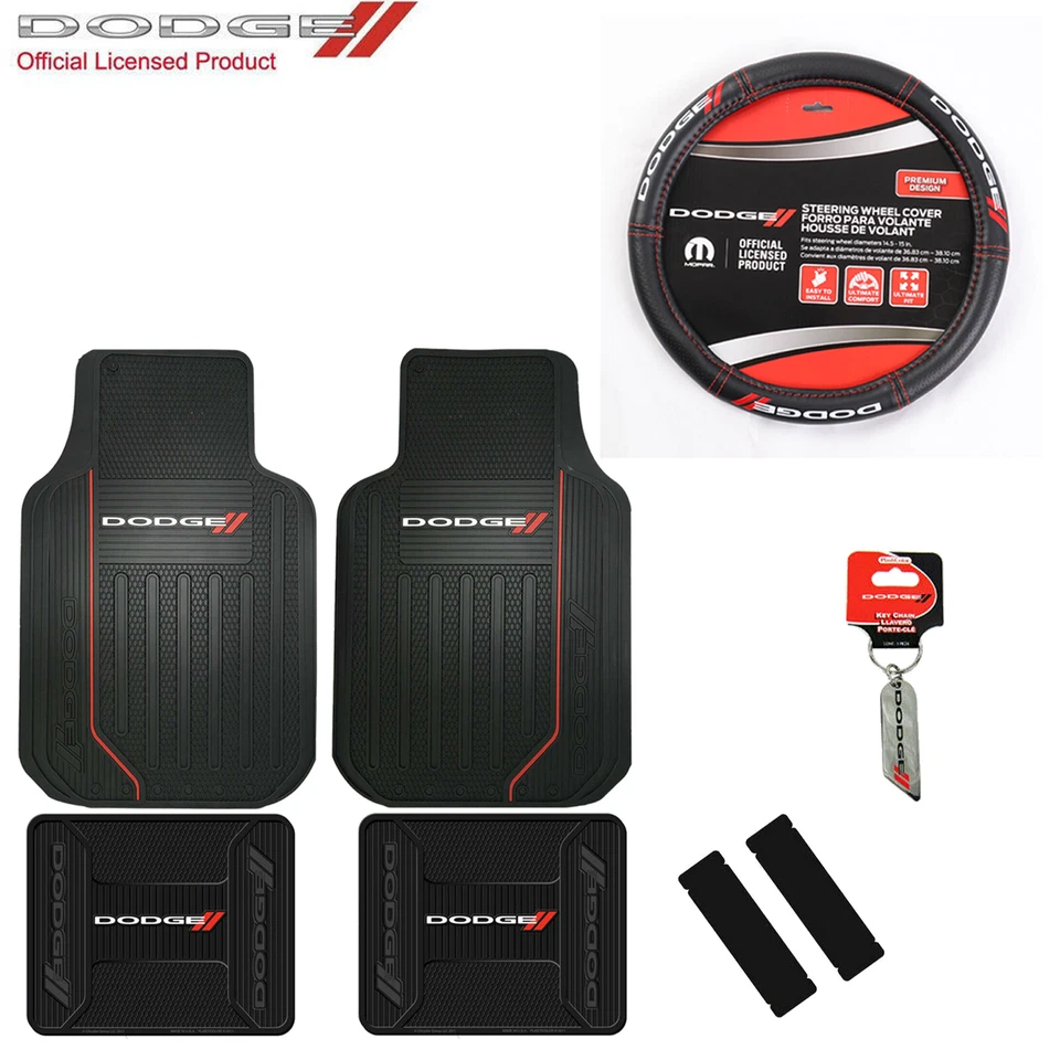 New 8pc Dodge Elite Logo Car Truck Front Back Floor Mats Steering Wheel Cover Foto 1 de 4