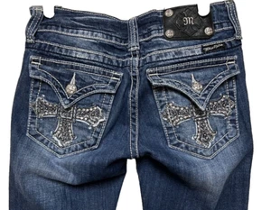 Miss Me Capri Jeans Size 27 x 21 Low Rise Flap Cross Stretch Embroidered Bling - Picture 1 of 8