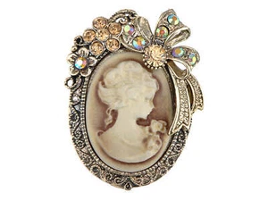 Vintage Victorian Lady Cameo Brooch Pin Maiden Flower Ribbon Bow Pendant - Picture 1 of 29