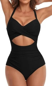 Nuevo con etiquetas Traje de baño negro de una pieza para mujer Control de barriga Recorte Cintura alta Talla L - Imagen 1 de 7