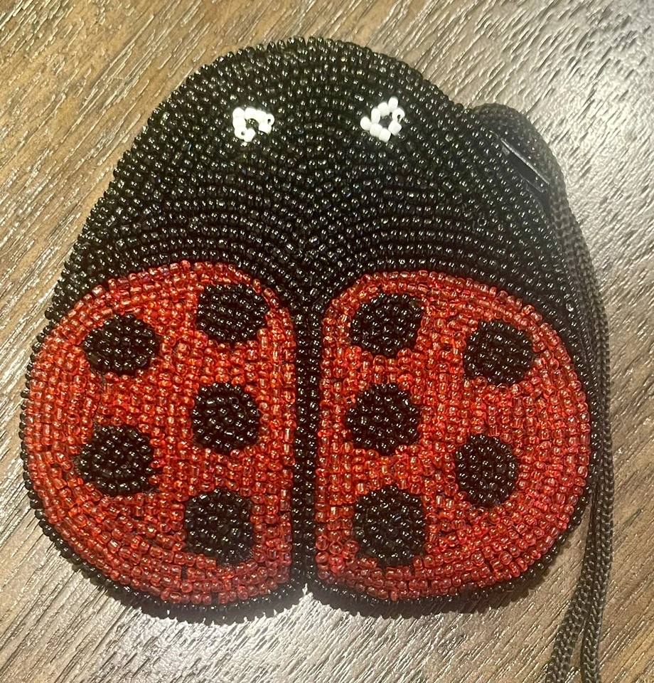 Винтажный божья коровка молнии стекла бусина монета сумочки мешок с ремешком черный и красный 4» - Изображение 1 из 4