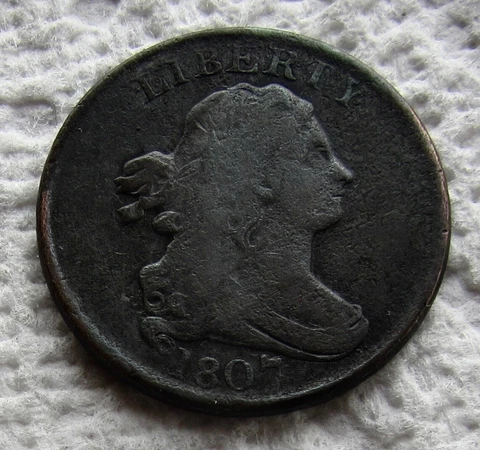 1807 1/2C BN Draped Bust Half Cent Rare Date Type Coin Fine Detail Corroded Cover