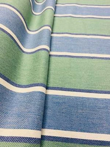 Tela de cortinas para tapicería náutica a rayas azul crema verde crema de diseñador - Imagen 1 de 5