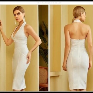 Sexy Vestido Halter Bodycon Vendaje Hueco Sin Espalda Blanco - Imagen 1 de 9
