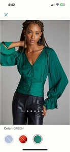 Anthropologie Satin Long Sleeve Top Shirt XL Green Balloon Sleeve V Neck NWT - Picture 1 of 17