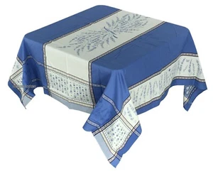 French Provencal Jacquard Coated Tablecloth Lavender Flowers Blue 63 X 63 France - Picture 1 of 7