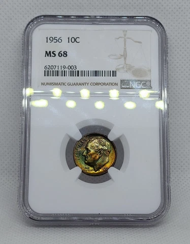 1956 Dime 10C NGC MS68 Pop 10 Only 2 Higher Monster Rainbow Toned Blazing Luster Cover