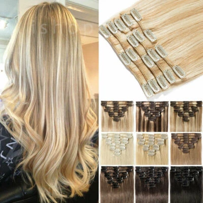 Remy Haar Haarverlängerung Echthaar Clip In Extensions dick 8 Tressen Set Tresse - Bild 1 von 4