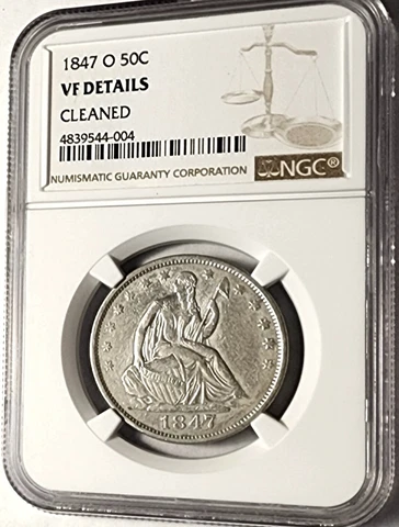 Choice 1847 O Liberty Seated Half Dollar NGC VF Det. Certified Better Date 50c Cover