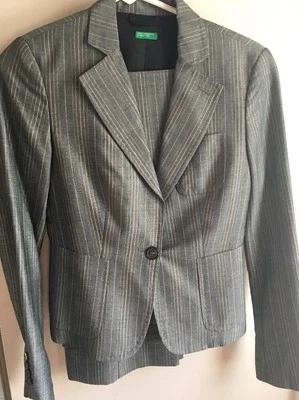 Benetton Suit Jacket Trousers 2 Pieces Grey/Gray Pinstripes Size 38 - Image 1 of 3