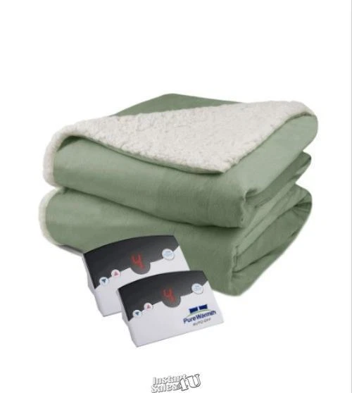Pure Warmth Velour Sherpa Electric Heated Warming Blanket Twin Sage Green
