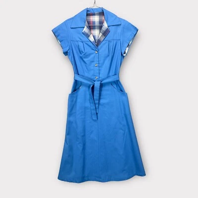 Vestido camisero vintage años 70 azul detalle a cuadros manga corta midi de día con cinturón M Foto 1 de 4
