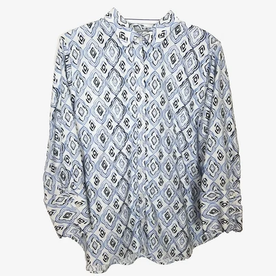 Chico's Women's No Iron Cotton Blouse Sz XL Blue White Printed  Button Up Office - Image 1 of 4