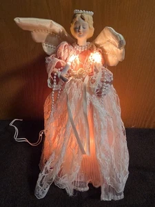 Vintage beleuchteter Winter weiß & rosa Porzellan Engel Baumspitze Perlen Flügel - Bild 1 von 11