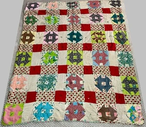 Antique 1800s Patchwork Granny Stitch Quilt Floral Heirloom Blanket Throw 77x63” - Picture 1 of 24