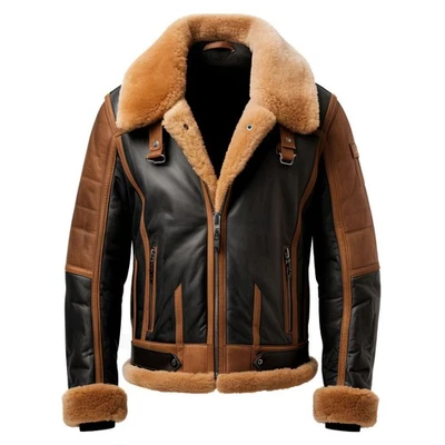 Men's B3 Bomber Leather Jacket Shearling Fur Collar Brown Black Flight Coat - Image 1 of 3