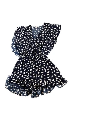 Mameluco pequeño Umgee para mujer azul marino blanco a lunares manga corta cuello en V con volantes Foto 1 de 4