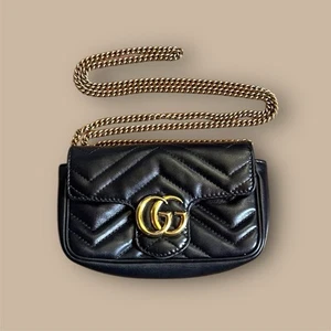 Authentic Gucci GG Marmont Gold Hardware Shoulder Bag Super Mini Black Leather - Picture 1 of 7