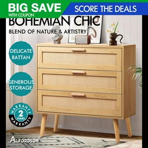 ALFORDSON 3 Chest of Drawers Storage Cabinet Rattan Dresser Lowboy Oak - Picture 1 of 12