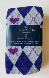 NWT Faded Glory 4-6 Blue Purple & Gray Argyle Heart Heavyweight Cotton Tights - Picture 1 of 2