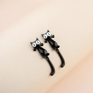 Cute Adorable Cartoon Black Cat Two Pieces Kitten Stud Dangle Earrings Novelty - Picture 1 of 2