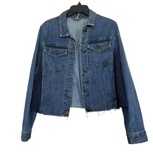 Free People Women’s Sz M Lace Insert Denim Jean Jacket Raw Hem - Picture 1 of 8