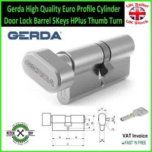 Gerda High Quality Euro Profile Cylinder Door Lock Barrel 5Keys HPlus Thumb Turn - Picture 1 of 1